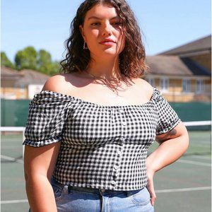 SHEIN Plus Off Shoulder Button Front Plaid Top